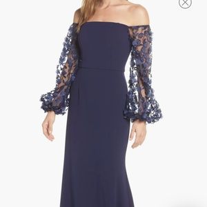 Off the Shoulder 3D Floral Sleeve Scuba Crepe Evening Dress